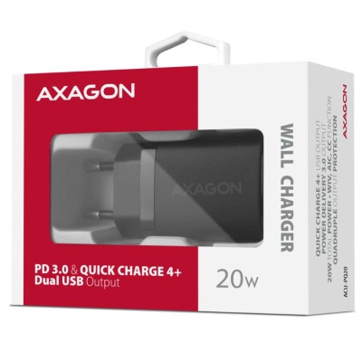 Зарядний пристрій AXAGON 1xUSB QC3.0 + 1xUSB-C PD20W black (ACU-PQ20)