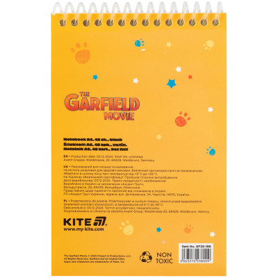Блокнот Kite на спіралі Garfield А6, 48 аркушів, нелінований (GF25-196)