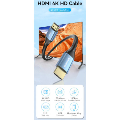 Кабель мультимедійний HDMI to HDMI 10.0m V2.0 4K 60Hz Aluminum Alloy Blue Vention (ALHSL)