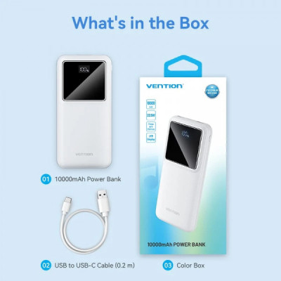 Батарея універсальна Vention 10000mAh 22.5W 3A PD, QC/3.0, LED Display, White (FHKW0)