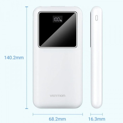 Батарея універсальна Vention 10000mAh 22.5W 3A PD, QC/3.0, LED Display, White (FHKW0)
