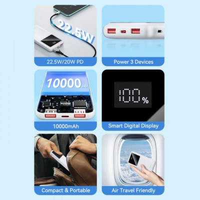 Батарея універсальна Vention 10000mAh 22.5W 3A PD, QC/3.0, LED Display, White (FHKW0)