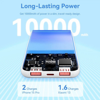 Батарея універсальна Vention 10000mAh 22.5W 3A PD, QC/3.0, LED Display, White (FHKW0)