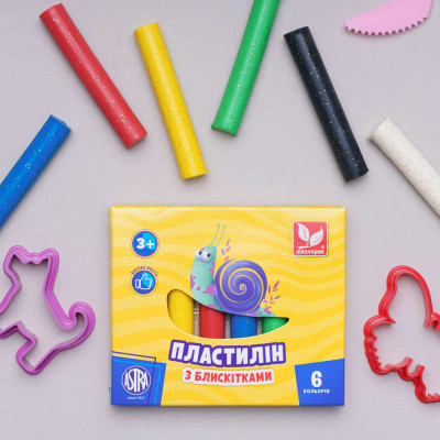 Пластилін Школярик Восковий Круглий з блискітками 6 кольорів 78 г (303109001-UA)