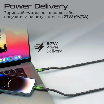 Дата кабель USB-C to Lightning 1.2m 27W PD TransLine-CI black Promate (transline-ci.black)