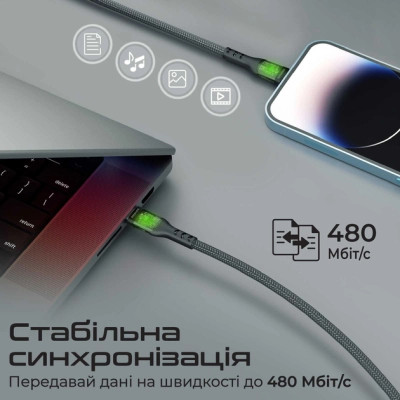 Дата кабель USB-C to Lightning 1.2m 27W PD TransLine-CI black Promate (transline-ci.black)