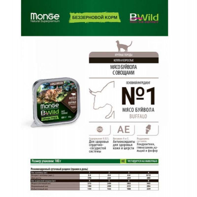 Паштет для котів Monge BWild Grain Free Wet Buffalo Large Breeds 100 г (8009470012850)