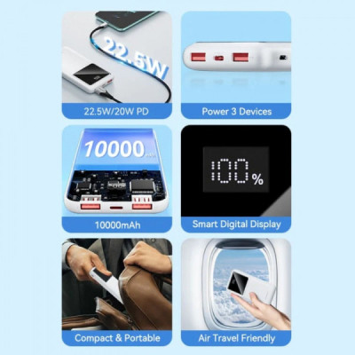Батарея універсальна Vention 10000mAh 22.5W 3A, PD, QC/3.0, LED Display, Black (FHKB0)