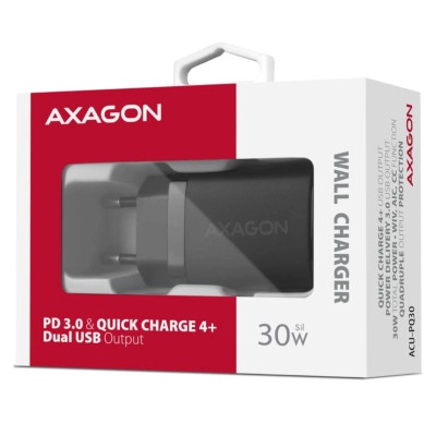 Зарядний пристрій AXAGON 1xUSB QC4.0 + 1xUSB-C PD30W PPS black (ACU-PQ30)
