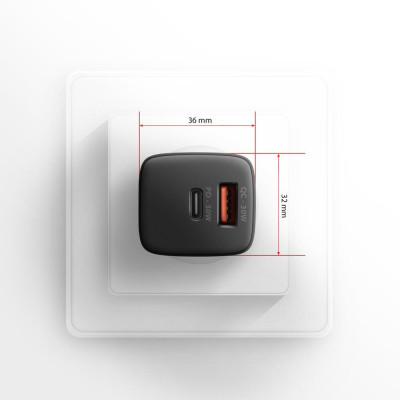 Зарядний пристрій AXAGON 1xUSB QC4.0 + 1xUSB-C PD30W PPS black (ACU-PQ30)