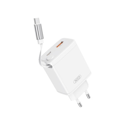 Зарядний пристрій XO 1xUSB-C + 1xUSB QC30W GaN + cable USB-C to USB-C white (XO-CE31)