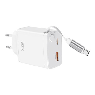 Зарядний пристрій XO 1xUSB-C + 1xUSB QC30W GaN + cable USB-C to USB-C white (XO-CE31)