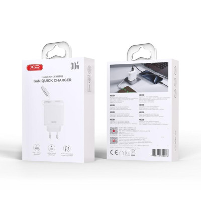 Зарядний пристрій XO 1xUSB-C + 1xUSB QC30W GaN + cable USB-C to USB-C white (XO-CE31)