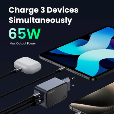 Зарядний пристрій Ugreen 3xUSB 65W (2xUSB-C+USB-A) Gan Nexode Fast Charger Grey X553 (35042)