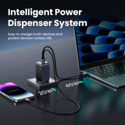 Зарядний пристрій Ugreen 3xUSB 65W (2xUSB-C+USB-A) Gan Nexode Fast Charger Grey X553 (35042)