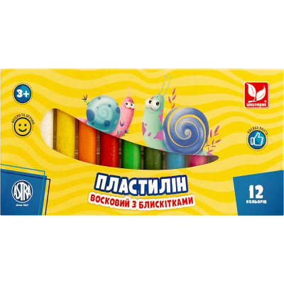 Пластилін Школярик Восковий Круглий з блискітками 12 кольорів 156 г (303107001-UA)