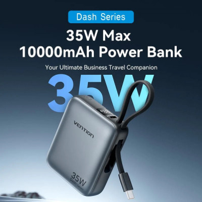 Батарея універсальна Vention 10000mAh 35W 3A PD, Type-C in/out, Built-in USB-C Cable, LED Display,Gray (FHEH0)