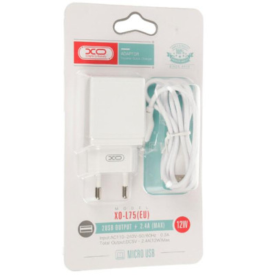 Зарядний пристрій XO L75 2USB/2.4A + MicroUSB White (XO-L75-M)