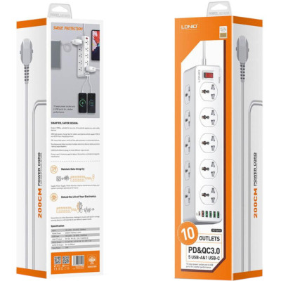 Мережевий фільтр живлення LDNIO SC10610, 5роз + 3USB (SC10610)