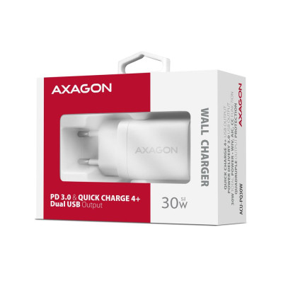 Зарядний пристрій AXAGON 1xUSB QC4.0 + 1xUSB-C PD30W PPS white (ACU-PQ30W)