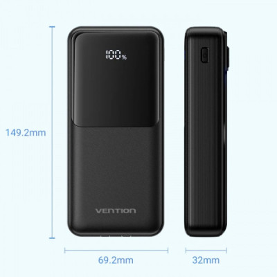 Батарея універсальна Vention 20000mAh 22.5W 3A PD, Built-in USB-C+Lightning Cables, Black (FHPB0)