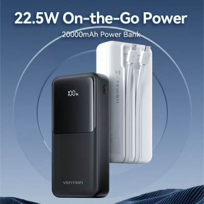 Батарея універсальна Vention 20000mAh 22.5W 3A PD, Built-in USB-C+Lightning Cables, Black (FHPB0)