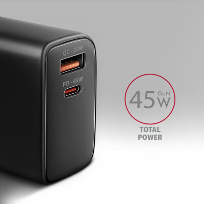 Зарядний пристрій AXAGON 1xUSB QC4.0 + 1xUSB-C PD45W PPS black (ACU-PQ45)