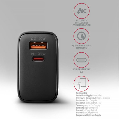 Зарядний пристрій AXAGON 1xUSB QC4.0 + 1xUSB-C PD45W PPS black (ACU-PQ45)