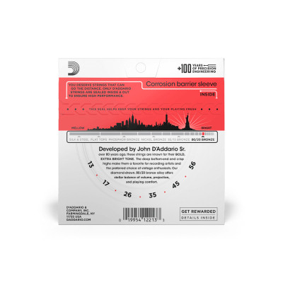 Струни для гітари D&#039;Addario 80/20 Bronze Medium (13-56) (EJ12)