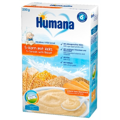 Дитяча каша Humana молочна 5 злаків з печивом 200 г (4031244775559)
