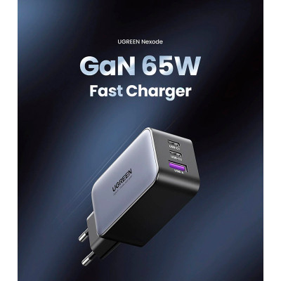 Зарядний пристрій Ugreen 3xUSB 65W GaN (2хUSB-C+USB-A) CD244 Grey (10335)