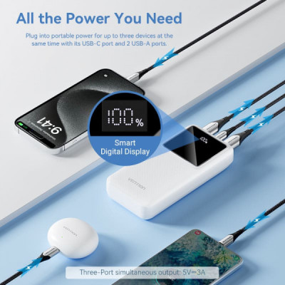 Батарея універсальна Vention 20000mAh 22.5W 3A, PD, QC/3.0, LED Display, White (FHLW0)