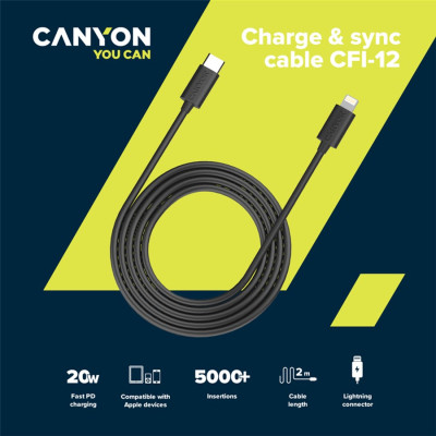 Дата кабель USB-C to Lightning 2.0m 3A Black Canyon (CNE-CFI12B)