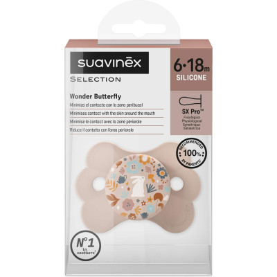Пустушка Suavinex Wonderland у формі метелика, 6-18 міс. рожева з малюнком (308782)