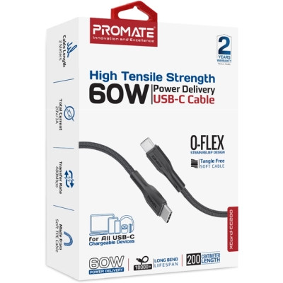 Дата кабель USB-C to USB-C 2.0m 3A xCord-CC200 black Promate (xcord-cc200.black)