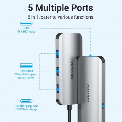 Концентратор Vention USB3.1 Type-C --&gt; HDMI/USB 3.0x3/PD 100W Hub 5-in-1 (TODHB)