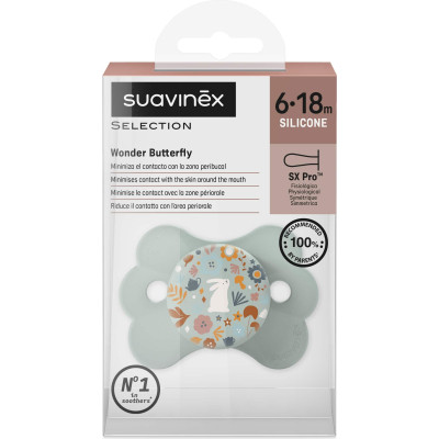 Пустушка Suavinex Wonderland у формі метелика, 6-18 міс. світло-зелена з малюнком (308783)