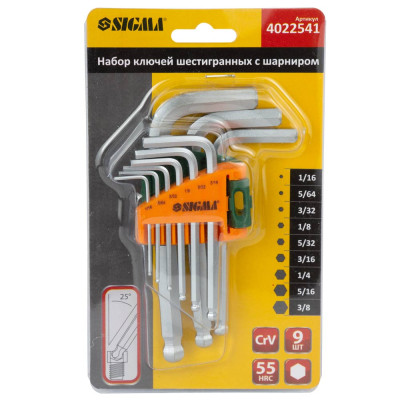 Ключ Sigma шестиграный 9шт 1/16-3/8&quot; CrV (короткий) (4022541)