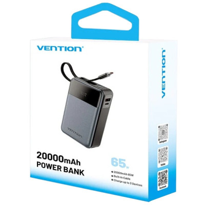 Батарея універсальна Vention 20000mAh 65W 3A PD, QC/3.0, USB-A, Type-C OUT, with Built-in USB-C Cable, LED Display (FHYB0)