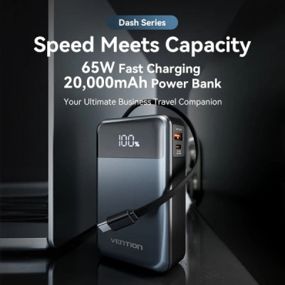 Батарея універсальна Vention 20000mAh 65W 3A PD, QC/3.0, USB-A, Type-C OUT, with Built-in USB-C Cable, LED Display (FHYB0)