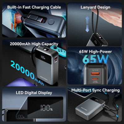 Батарея універсальна Vention 20000mAh 65W 3A PD, QC/3.0, USB-A, Type-C OUT, with Built-in USB-C Cable, LED Display (FHYB0)