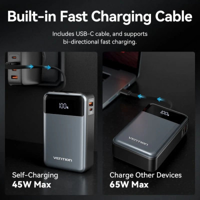 Батарея універсальна Vention 20000mAh 65W 3A PD, QC/3.0, USB-A, Type-C OUT, with Built-in USB-C Cable, LED Display (FHYB0)