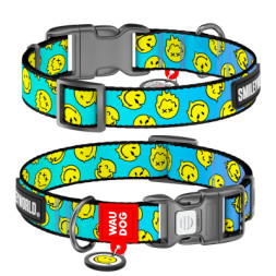 Нашийник для тварин WAUDOG Nylon з QR-паспортом &quot;Смайли на блакитному&quot;, пластиковий фастекс М (281-0182)