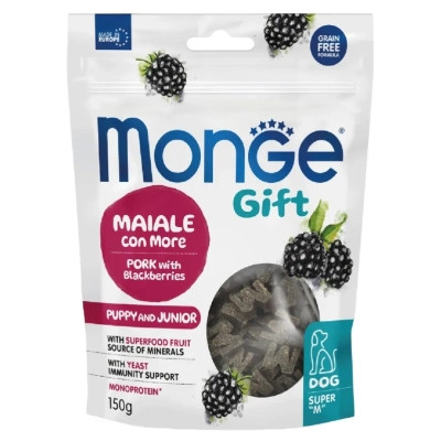 Ласощі для собак Monge Gift Dog Puppy and Junior Growth support свинина з ожиною 150 г (8009470085724)