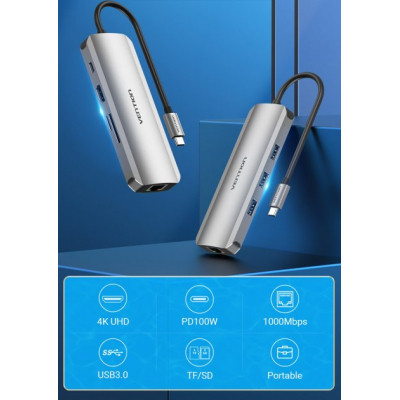 Концентратор Vention USB3.1 Type-C --&gt; HDMI/USB 3.0x3/RJ45/SD/TF/PD 100W Hub 8-in (TOKHB)