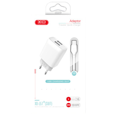 Зарядний пристрій XO 2xUSB 2.4A + cable USB to Micro 5P white (L57-M-WH)