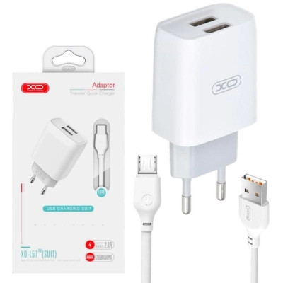 Зарядний пристрій XO 2xUSB 2.4A + cable USB to Micro 5P white (L57-M-WH)