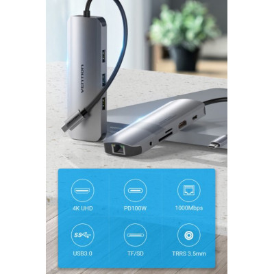 Концентратор Vention USB3.1 Type-C --&gt; HDMI/USB 3.0x3/RJ45/SD/TF/TRRS 3.5mm/PD 10 (TOLHB)