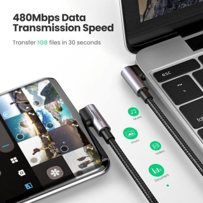Дата кабель USB-C to USB-C 2.0m 3A 60W US323 90-degree Black Ugreen (70531)