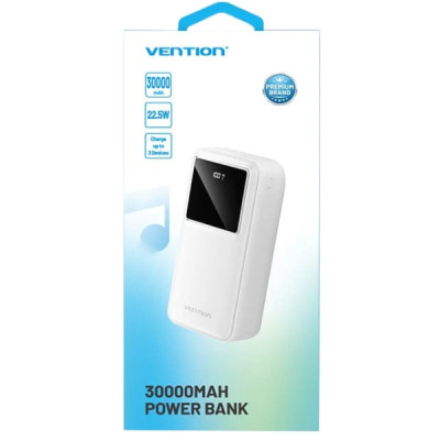 Батарея універсальна Vention 30000mAh 22.5W 3A, PD, QC/3.0, LED Display, White (FHMW0)